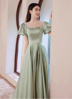 Elegant Green A-Line Puff Sleeve Satin Long Formal Prom Dress Bridesmaid DressP4574