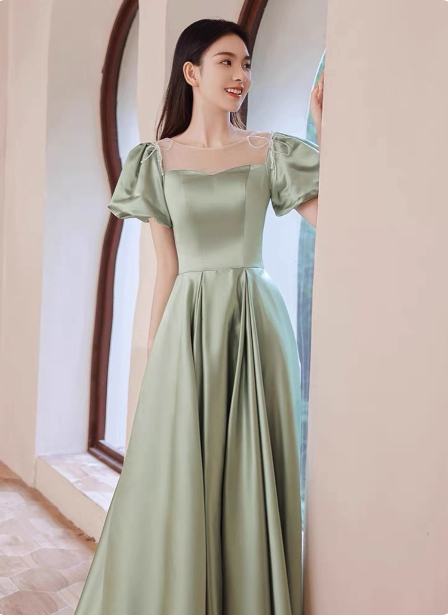 Elegant Green A-Line Puff Sleeve Satin Long Formal Prom Dress Bridesmaid DressP4574