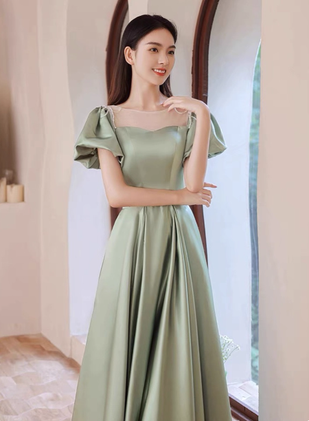 Elegant Green A-Line Puff Sleeve Satin Long Formal Prom Dress Bridesmaid DressP4574