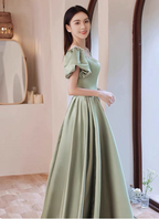 Elegant Green A-Line Puff Sleeve Satin Long Formal Prom Dress Bridesmaid DressP4574