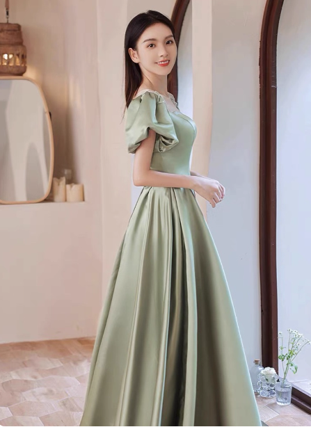 Elegant Green A-Line Puff Sleeve Satin Long Formal Prom Dress Bridesmaid DressP4574