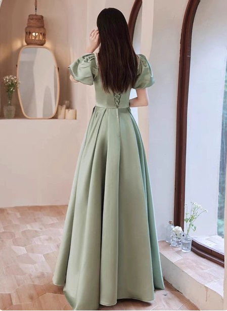 Elegant Green A-Line Puff Sleeve Satin Long Formal Prom Dress Bridesmaid DressP4574
