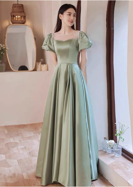 Elegant Green A-Line Puff Sleeve Satin Long Formal Prom Dress Bridesmaid DressP4574 Main image