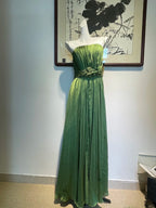 Elegant Green A-Line Spaghetti Strap Pleated Beaded Satin Long Formal Prom Dress Bridesmaid Dress