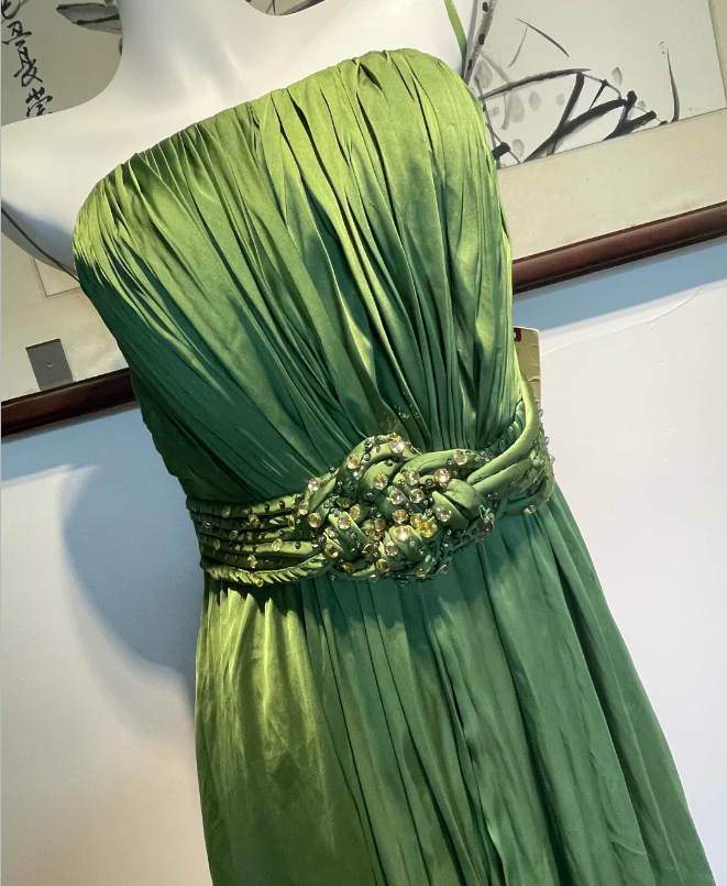 Elegant Green A-Line Spaghetti Strap Pleated Beaded Satin Long Formal Prom Dress Bridesmaid Dress