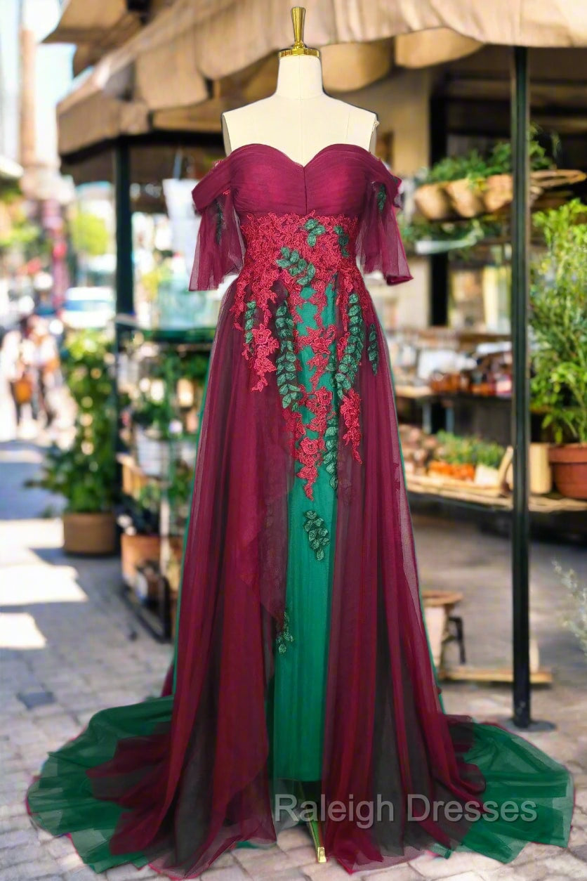 Elegant Green Off The Shoulder Tulle Prom Dresses Vintage Prom Gowns Main image