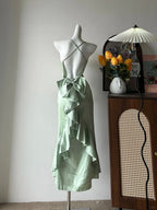 Elegant Green Slim Fit Halter Backless Ruffle Satin Formal Prom Dress