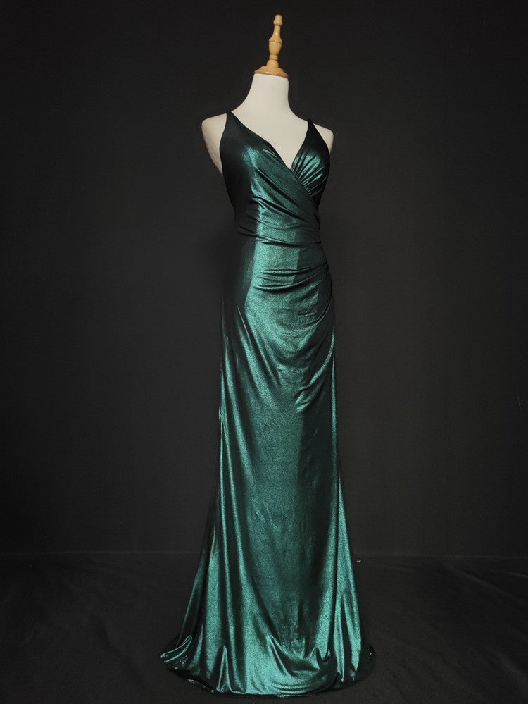 Elegant Green Spaghetti Strap V-Neck Ruffled Satin Long Formal Prom Dress Secondary image