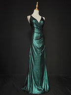 Elegant Green Spaghetti Strap V-Neck Ruffled Satin Long Formal Prom Dress
