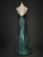 Elegant Green Spaghetti Strap V-Neck Ruffled Satin Long Formal Prom Dress