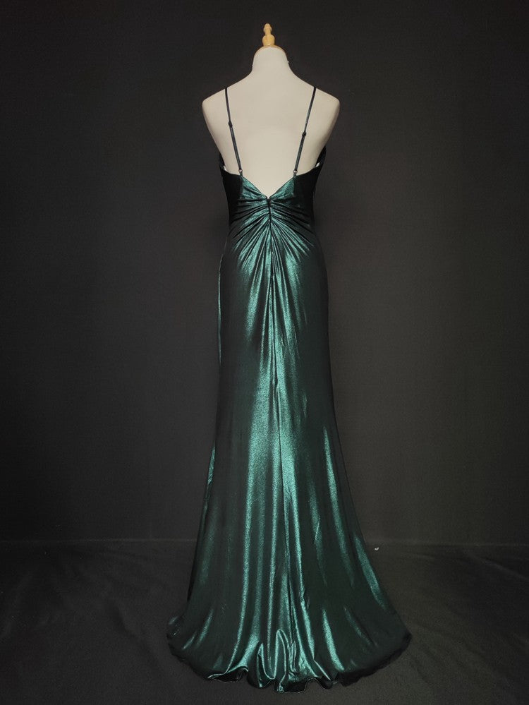 Elegant Green Spaghetti Strap V-Neck Ruffled Satin Long Formal Prom Dress