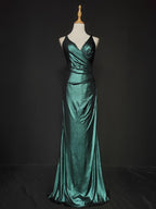 Elegant Green Spaghetti Strap V-Neck Ruffled Satin Long Formal Prom Dress