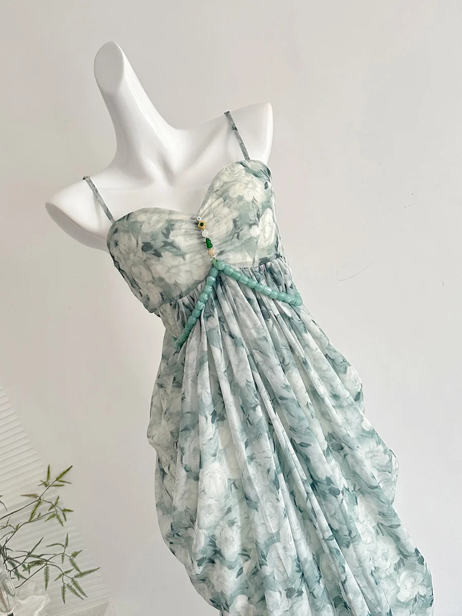 Elegant Green Strap Waist Chiffon Long Formal Prom Dress