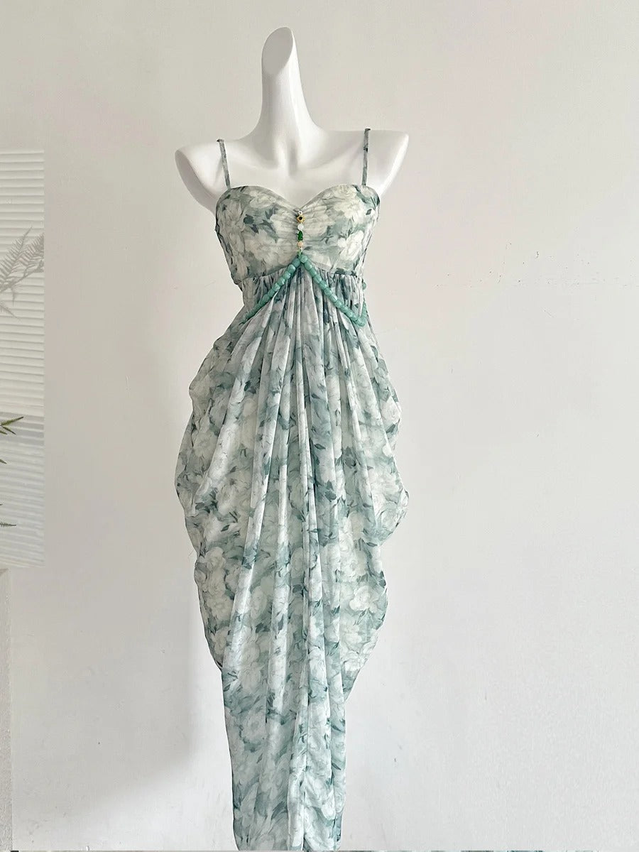 Elegant Green Strap Waist Chiffon Long Formal Prom Dress