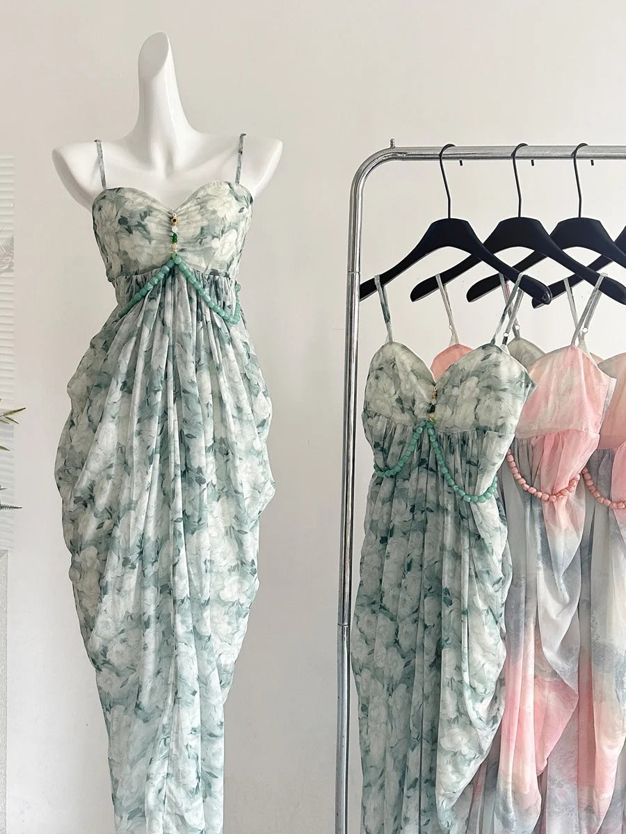 Elegant Green Strap Waist Chiffon Long Formal Prom Dress