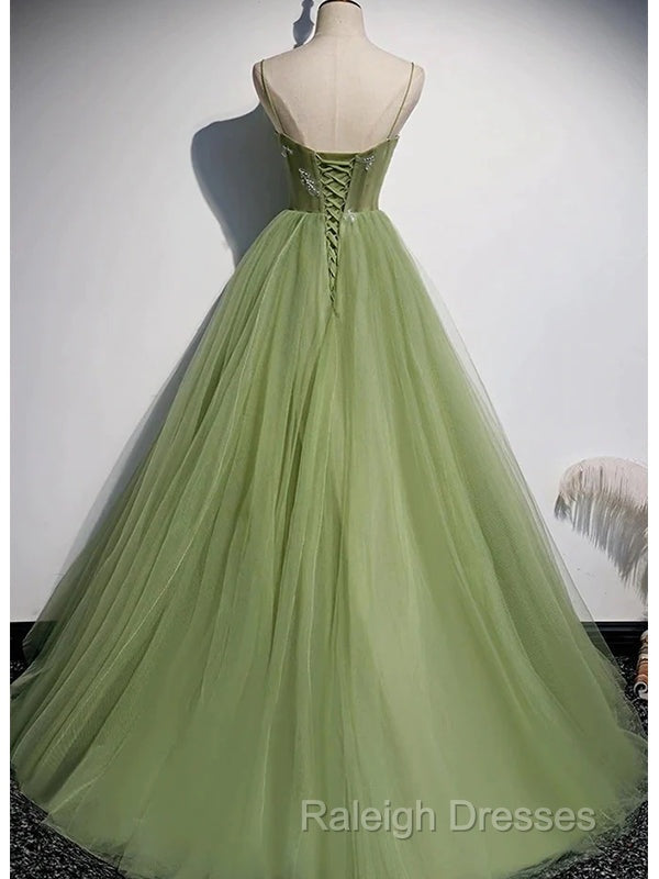 Elegant Green Tulle Spaghetti Straps A-Line Long Prom Dresses Formal Dress, Secondary image