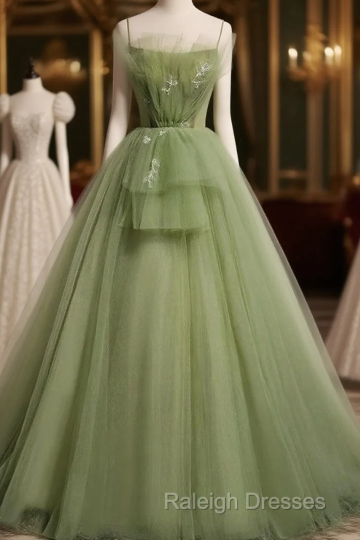 Elegant Green Tulle Spaghetti Straps A-Line Long Prom Dresses Formal Dress, Main image