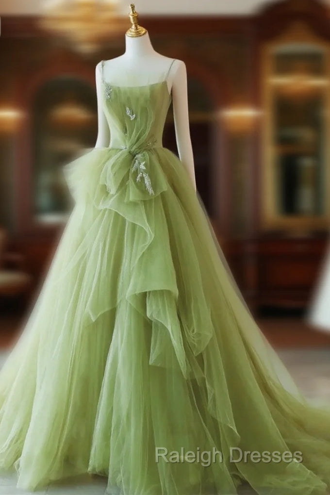 Elegant Green Tulle Straps Long Formal Dress, Green Tulle Evening Dress Party Dress Main image