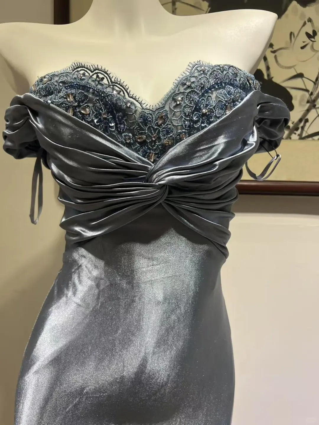 Elegant Grey-Blue Lace Knotted Satin Mermaid Long Formal Prom Dress