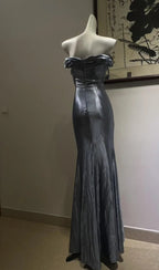 Elegant Grey-Blue Lace Knotted Satin Mermaid Long Formal Prom Dress