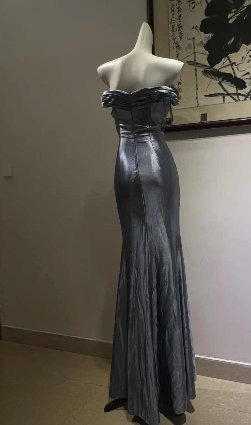 Elegant Grey-Blue Lace Knotted Satin Mermaid Long Formal Prom Dress