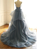 Elegant Grey Blue Tulle A-Line Spaghetti Straps V-Neck Long Prom Dresses Evening Dress,