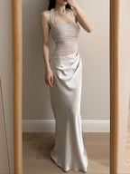 Elegant Grey Mermaid Halter Neck Square Neck Satin Tulle Long Formal Prom Dress