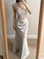 Elegant Grey Mermaid Halter Neck Square Neck Satin Tulle Long Formal Prom Dress
