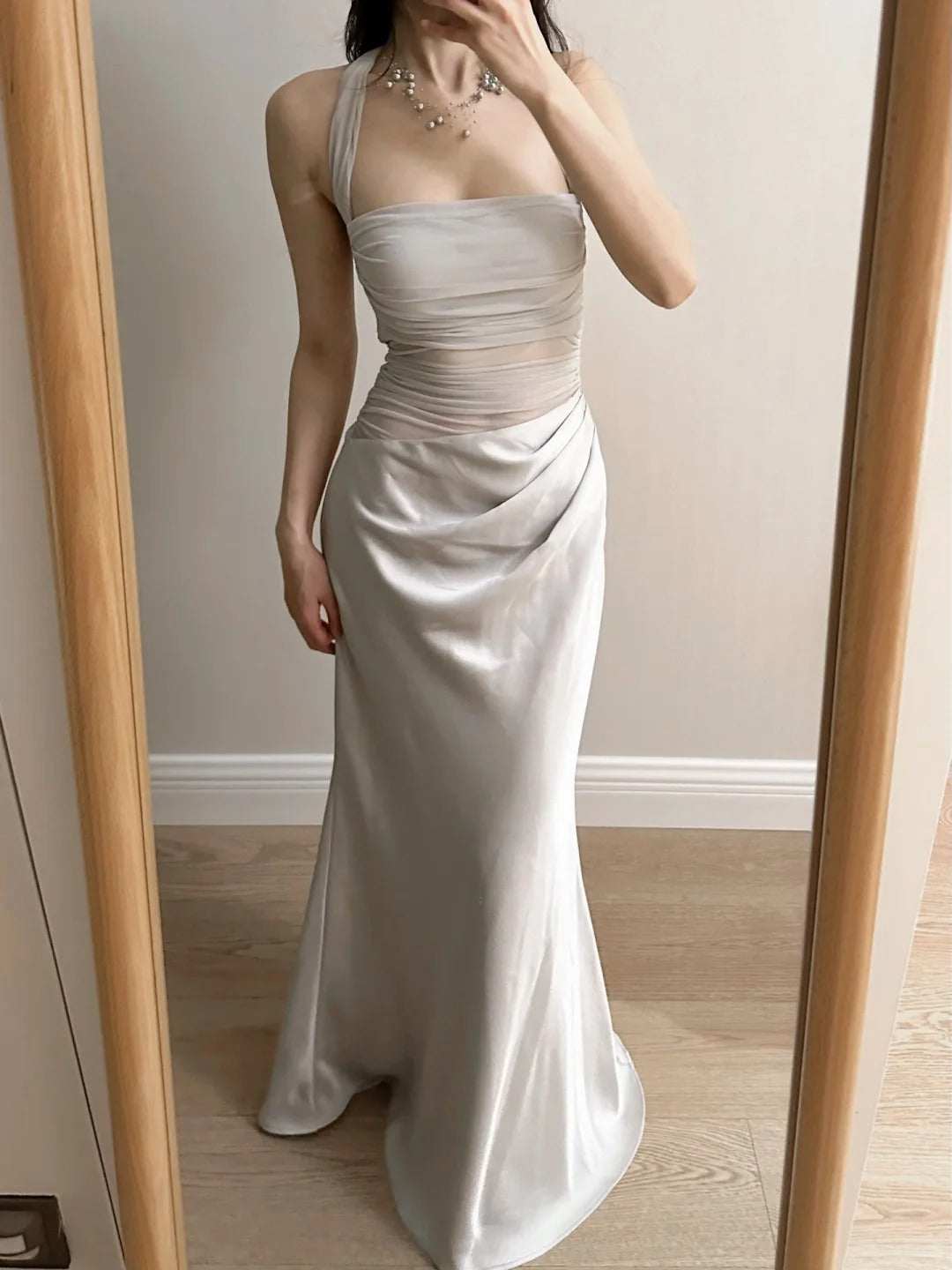 Elegant Grey Mermaid Halter Neck Square Neck Satin Tulle Long Formal Prom Dress