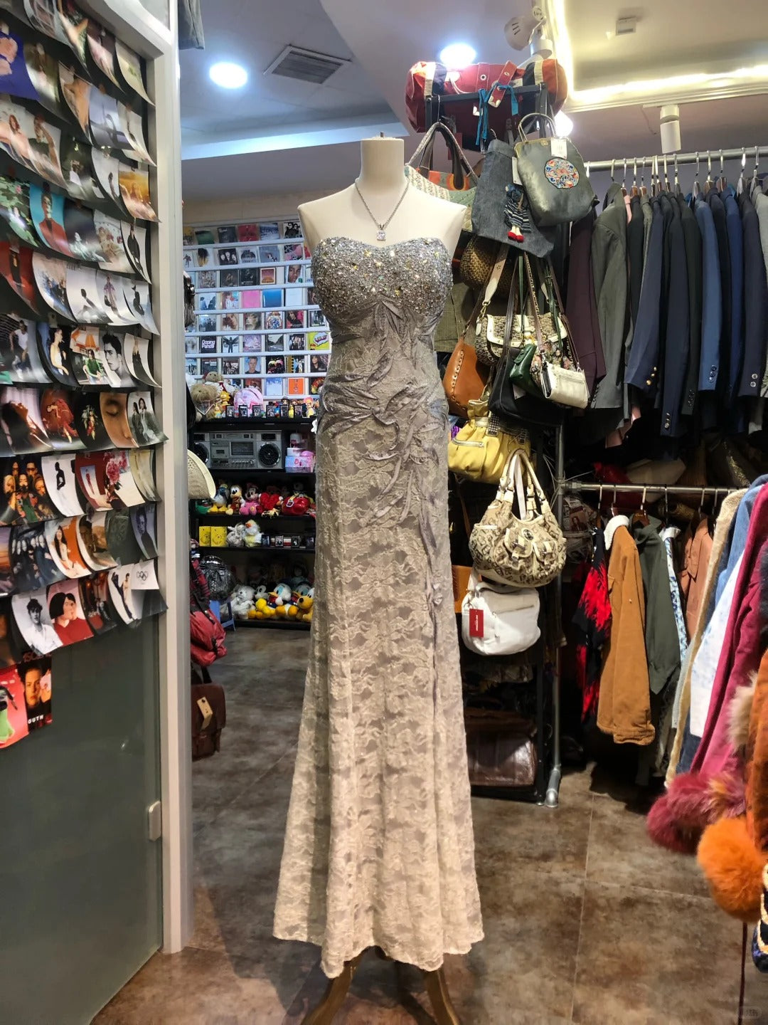 Elegant Grey Mermaid Strapless Sequined Lace Long Formal Prom Dress Main image