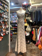 Elegant Grey Mermaid Strapless Sequined Lace Long Formal Prom Dress