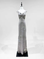Elegant Grey Mermaid V-Neck Sequined Long Formal Prom Dress