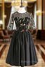 Elegant Half Sleeves Satin Ball Gown Short Sexy See Through Black Prom Dresses