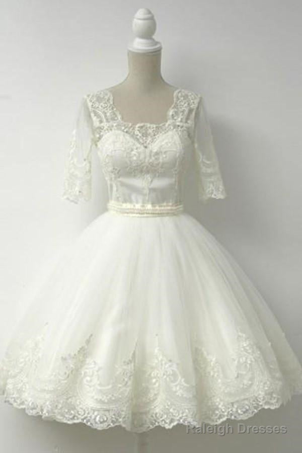 Elegant Half Sleeves White Ball Gown Homecoming Dress With Lace
