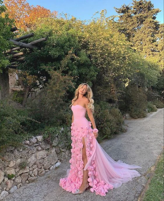 3D Flowers Prom Dress Strapless Split A-Line Dubai Arabia Women Prom Gown Prom Special Occasion Dresses Vestidos Secondary image