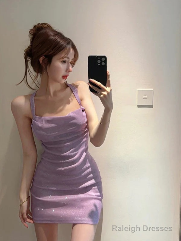 Elegant Halter Mermaid Short Purple Homecoming Dresses Online, Main image