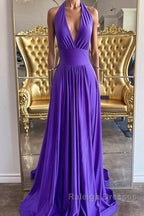 Elegant Halter Neck Backless Purple Long Prom Dress, Backless Purple Formal Graduation Evening Dress