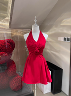 Elegant Halter Neck Red Satin A-Line Birthday Short Skirt Homecoming Dress