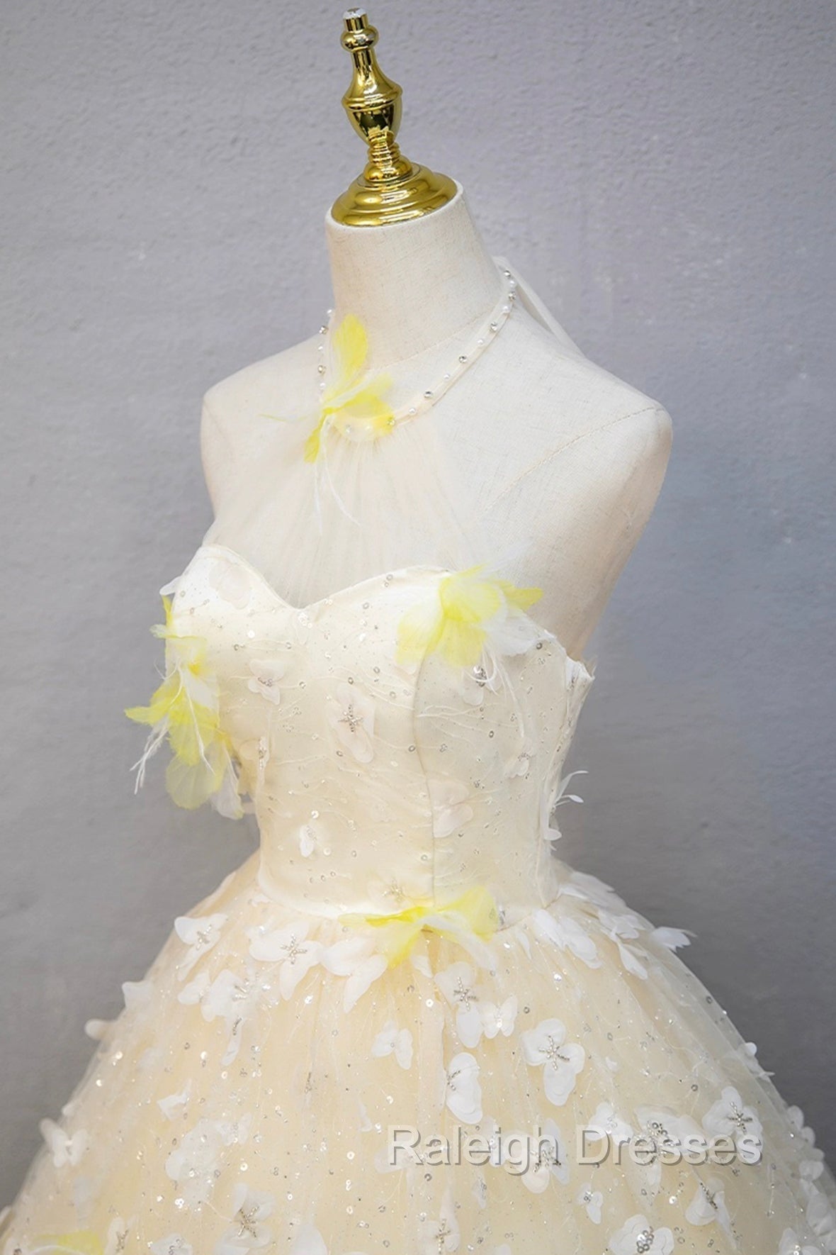 Elegant Halter Neckline Tulle Floor Length Prom Dress, Yellow A-Line Evening Formal Dress Secondary image