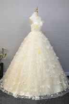 Elegant Halter Neckline Tulle Floor Length Prom Dress, Yellow A-Line Evening Formal Dress