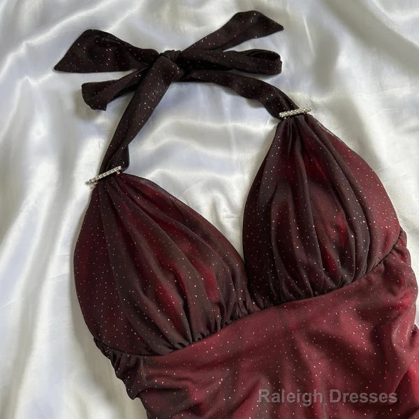 Elegant Halter Straps Ombre Burgundy Long Chiffon Prom Dresses