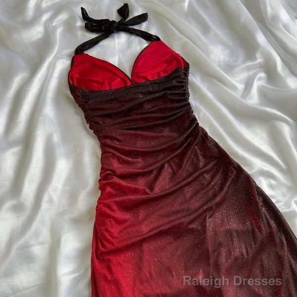 Elegant Halter Straps Ombre Burgundy Long Chiffon Prom Dresses