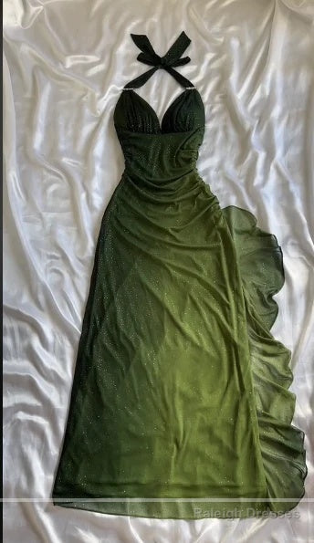 Elegant Halter Straps Ombre Green Long Chiffon Prom Dress Main image