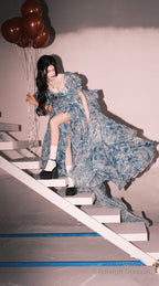 Elegant High Low Blue Floral Prom Dresses Long Formal Dress