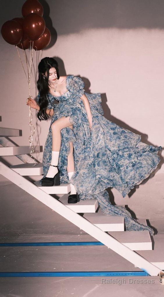 Elegant High Low Blue Floral Prom Dresses Long Formal Dress