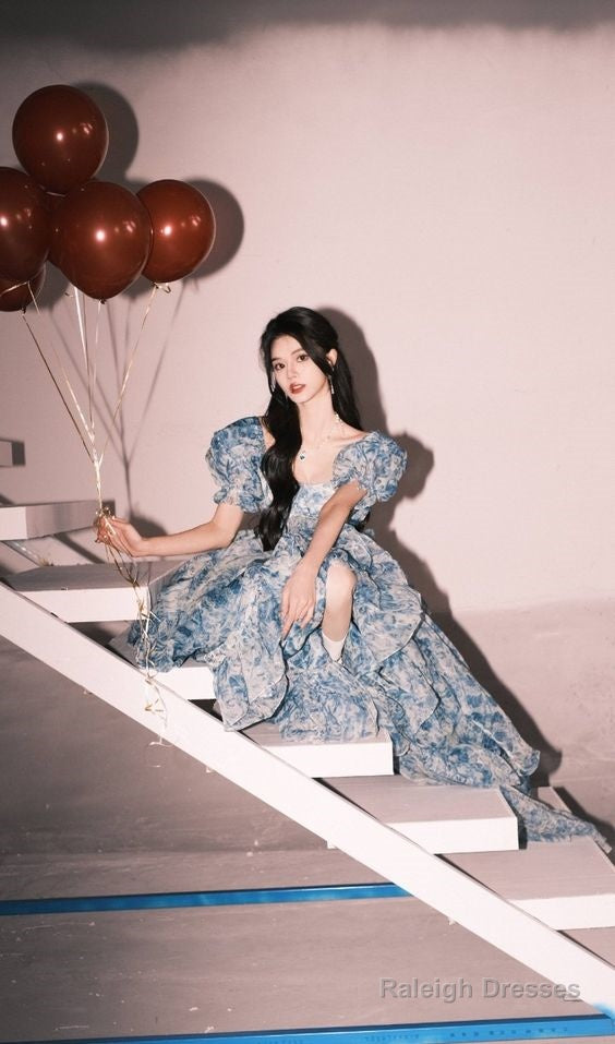 Elegant High Low Blue Floral Prom Dresses Long Formal Dress