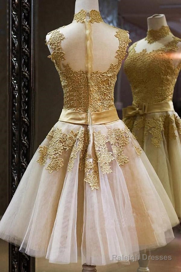 Elegant High Neck Gold Tulle Knee-Length Homecoming Dress With Appliques Secondary image