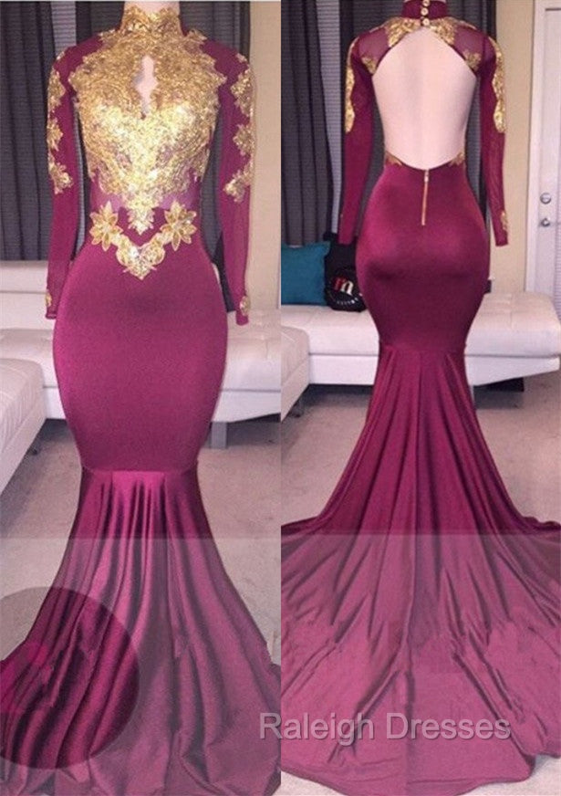 Elegant High-Neck Long-Sleeves Gold-Appliques Backless Prom Dresses Secondary image