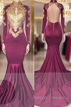 Elegant High-Neck Long-Sleeves Gold-Appliques Backless Prom Dresses