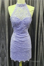 Elegant High Neck Open Back Lace Homecoming Dress Sheath Prom Dresses